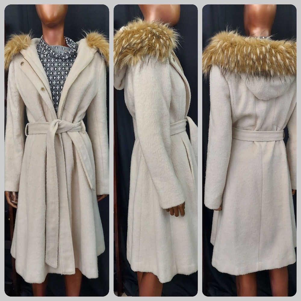 Women's Cream Hooded Wrap Coat with Faux Fur Trim